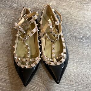 Valentino Glossy Black and Nude Studded Flats